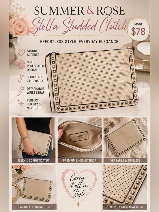 summer & rose Handbags - Summer & Rose Stella Studded Clutch - MSRP $78